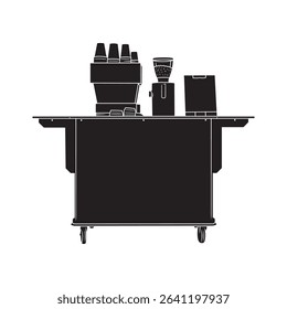 Clean line art rendering of a portable coffee stand, featuring coffee machine, grinder, and cups.