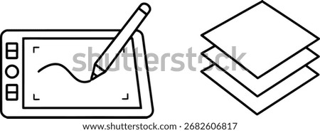A clean line art representation of a digital graphics tablet with a stylus in use alongside stacked layers, symbolizing digital art creation, design workflows, and photo editing processes.