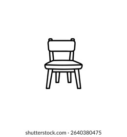 A clean line art representation of a dining chair, symbolizing furniture, seating, and kitchen or dining areas. Isolated on a white background.