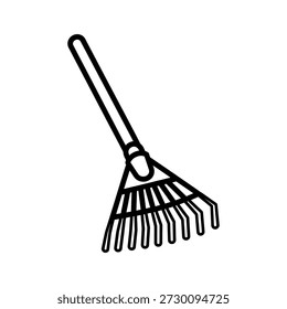 Saubere Linie Kunstdarstellung einer wesentlichen Gartenharke, symbolisiert fleißige Gartenarbeit, saisonale Blattsammlung und effektive Außenraumpflege