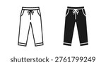 Clean line art and solid silhouette icons of pants with drawstring. Offers versatile graphic representations for fashion, apparel, or e-commerce. Ideal for website design, app interfaces, or marketing materials.