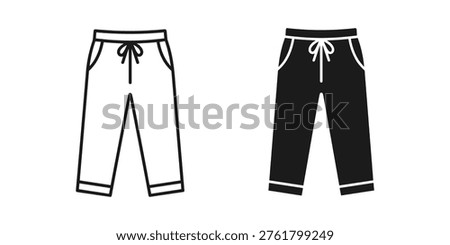 Clean line art and solid silhouette icons of pants with drawstring. Offers versatile graphic representations for fashion, apparel, or e-commerce. Ideal for website design, app interfaces, or marketing materials.