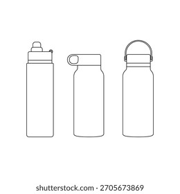 Saubere Linie Kunst von drei wiederverwendbaren Wasserflaschen in verschiedenen Formen, isoliert auf weiß, umweltfreundliche Hydratationsbehälter Illustration für Lebensstil und Produktdesign.