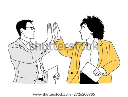 Clean line art of two business professionals high-fiving, one in a gray suit, one in a yellow blazer, modern and minimal corporate style.