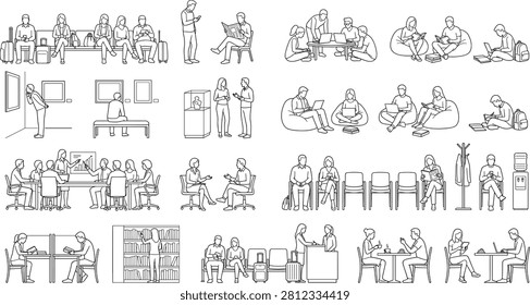 A clean line art vector collection featuring people waiting, reading, studying, working, traveling, meeting, dining, and interacting in public and professional environments. Perfect for business, education, healthcare, travel, office, and lifestyle design projects.