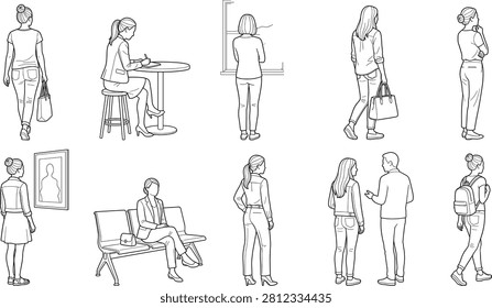 A clean line art vector collection featuring back view people in natural everyday activities including walking, sitting, waiting, observing, writing, and casual conversations. Ideal for architectural visualizations, interior design, presentations, storyboards, editorial illustrations, and commercial design projects.