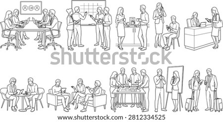A clean line art vector collection featuring business professionals in office environments, including team meetings, brainstorming, video conferences, client reception, coffee break discussions, interviews, business travel, and workplace collaboration. Ideal for corporate websites, HR materials, presentations, training, editorial, and commercial design projects.
