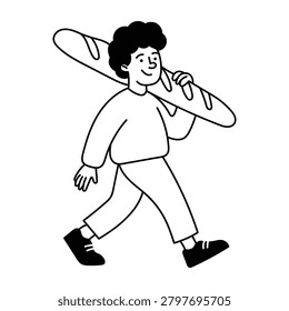 A clean line art vector graphic featuring a smiling man with curly hair walking and holding a large loaf of crusty bread across his shoulders.