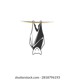 A clean line art vector graphic showing a bat hanging from a branch in a simple black and white style