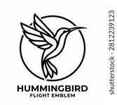 A clean line art vector illustration of a hummingbird inside a circular frame representing a flight emblem.