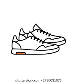 A clean line art vector illustration of a pair of modern casual sneakers with a subtle orange accent on the sole