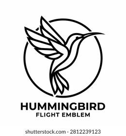 A clean line art vector illustration of a hummingbird inside a circular frame representing a flight emblem.