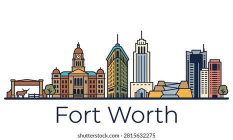 A clean line art vector illustration of the Fort Worth, Texas city skyline featuring famous local landmarks on a white background.