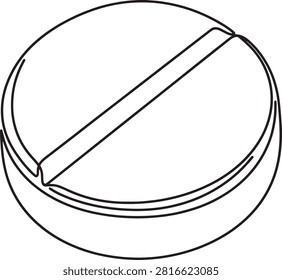 A clean line art vector illustration of a circular pharmaceutical tablet featuring a bisecting groove, representing medication, healthcare, and health supplements in a simple minimalist graphic style.