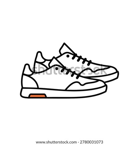 A clean line art vector illustration of a pair of modern casual sneakers with a subtle orange accent on the sole