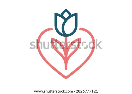 A clean line art vector illustration of a tulip bloom with leaves placed inside a heart outline representing love and nature.