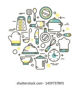 Clean line colorful icons set with kitchen dishes and tools