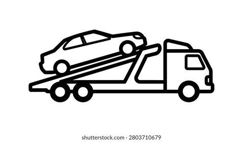 Clean line drawing of a car carrier truck with a tilted ramp, perfect for automotive service websites, app icons, and instructional manuals.