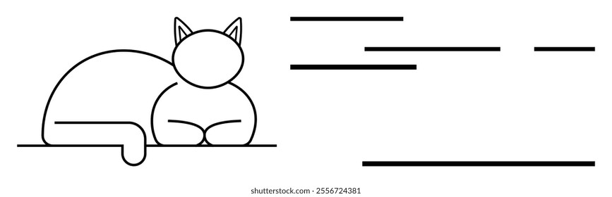 Clean line drawing of a cat lying down with visible ears and tail. Horizontal lines are positioned to the right. Ideal for minimalistic design, pet themes, relaxation, simplicity, and clean