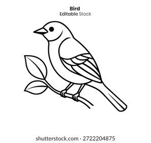 Un dibujo de línea limpia representa un pájaro descansando sobre una rama con hojas verdes.