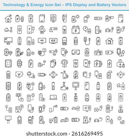 Clean line drawing featuring diverse energy icons batteries, charging devices, displays, and smart home devices arranged on a white background.