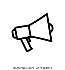 Un dibujo de línea limpia de un megáfono, con ondas de sonido para significar la transmisión o un anuncio. Este icono simple está aislado sobre un fondo blanco para flexibilidad de diseño.