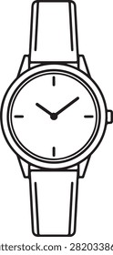 Clean line drawing of a modern analog wristwatch featuring a black strap and basic hour markers for versatile design use.