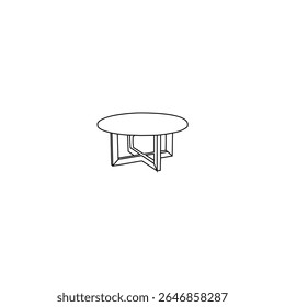 Desenho de linha limpa de uma mesa de café moderna com uma mesa redonda e uma base metálica única em forma de cruz.