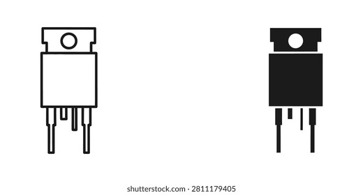 Clean line drawing and solid fill silhouette of a TO-220 semiconductor device. Ideal for circuitry engineering and digital solutions.