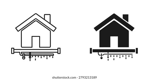 Clean line drawing and solid graphic represent residential water pipework. Ideal for architectural blueprints or service company branding.