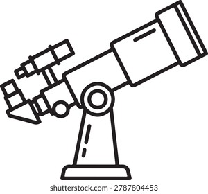 Clean line drawing of a telescope mounted on a sturdy tripod, perfect for astronomy and science projects.