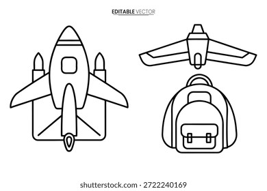 Desenhos de linha limpa de uma lançadeira, helicóptero e mochila, representando vários modos de transporte.