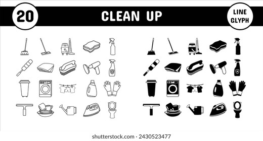 Clean up Line Glyph Vector Illustration Icon Sticker Set Design Materials