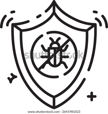Clean line icon of antivirus shield crossing out a bug, ideal for malware protection graphics, system utilities, or software icons.