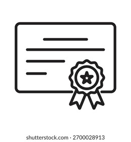 Clean line icon depicting a rectangular certificate document featuring an attached star rosette seal and stylized lines for text.
