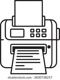 Clean line icon of a functional fax machine ejecting printed paper sheets.