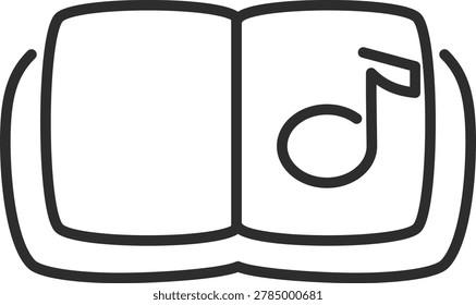 Clean line icon of an open book or stand displaying musical notes or guitar tabs. Symbolizes music theory, composition, classical learning, and rehearsals for brand logotypes.