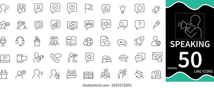 A clean line icon set featuring a person speaking, presenting, and communicating with clarity. Perfect for illustrating public speaking, dialogue, seminars, and verbal communication topics.