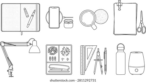 A clean line icon set featuring office essentials and desk organization items including a notebook, smartphone charger, coffee cup, document clipboard, desk lamp, organizer tray, and stationery tools, presented as a black outline vector illustration.