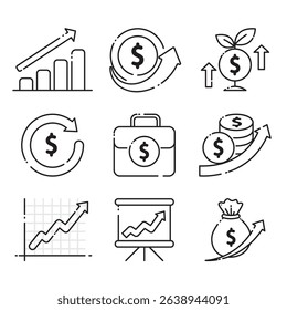 a clean line icon set financial concepts such as return on investment, business growth, and profit.