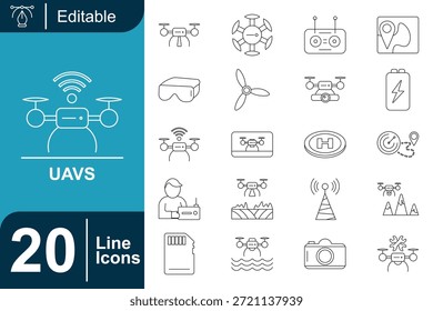 Conjunto de iconos de línea limpia de tecnología UAV y drones con vehículos Aéreas, control remoto, navegación GPS, vigilancia y Elementos de comunicación para el diseño moderno de la aviación y la tecnología.