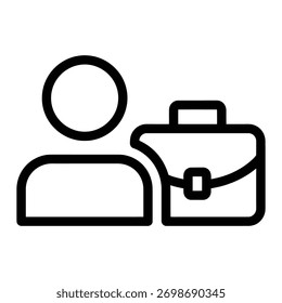 A clean line icon showing a person next to a briefcase, symbolizing business, work, travel, or professional activities and responsibilities.