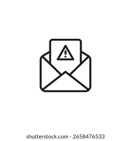 Un icono de línea limpia muestra un sobre abierto con un documento que muestra un triángulo de advertencia, que simboliza un mensaje de advertencia, un correo electrónico no deseado o una alerta de seguridad.