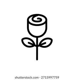 Icono de línea limpia de una sola rosa con simples detalles de pétalos y hojas. Ideal para flores románticas, imágenes de regalos de San Valentín, símbolos de amor clásicos y gráficos de celebración.
