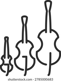 Clean line icon of three string instruments (violin, cello, and double bass) standing together. Represents classical ensembles, orchestral sections, and music diversity for branding.