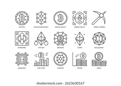 Clean Line Icons of Cryptocurrency and Blockchain Concepts