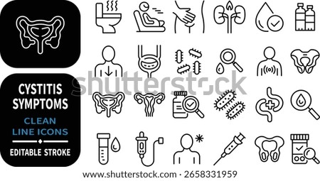Clean line icons presenting cystitis symptoms and medical diagnostic concepts
