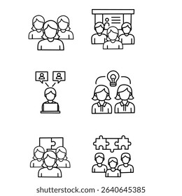 clean line icons representing teamwork, communication, idea sharing, and group discussion. Ideal for business presentations, infographics, websites, and productivity tools