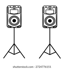 Reine Liniendarstellung von zwei Lautsprechern, die auf Stativständer montiert sind und sich für Soundsystemkonzepte, Visuals für Veranstaltungsgeräte und Grafiken zum Einrichten von Musik eignen.