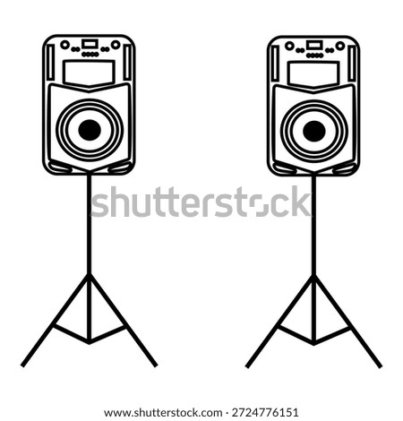 Clean line illustration of two audio speakers mounted on tripod stands, suitable for sound system concepts, event equipment visuals, and music setup graphics.